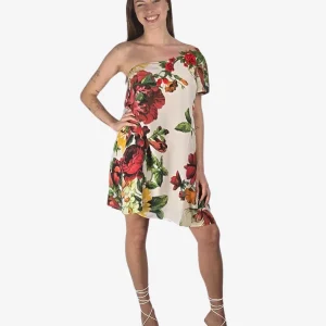 Abito Monospalla Fantasia Floreale Bianco Rosso Cruise Collection
