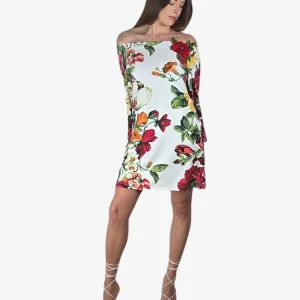 Abito Scollo Barca Fantasia Floreale Bianco Rosso Cruise Collection