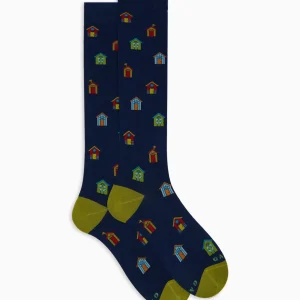 Calze lunghe uomo cotone fantasia cabine mare blu