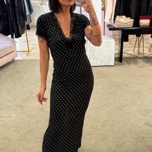 Abito raya midi MAR DE MARGARITAS nero a pois con pizzo