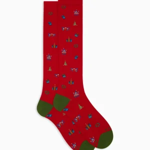 Calze lunghe uomo cotone rosso fantasia mix natalizio