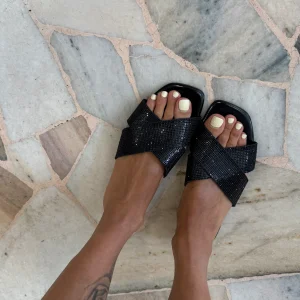 Ciabattina incrociata nera cristalli