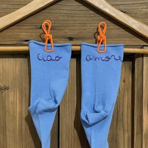 CALZINI GAMBALE 13CM * CIAO – AMORE (Azzurro ricamo viola taglia 39/41)