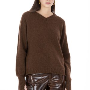 Léonie – Maglia Scollo V con Manicotto Cioccolato