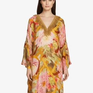 Kaftano Corto Donna Emamò Fantasia Gialla Viscosa Frange Oro